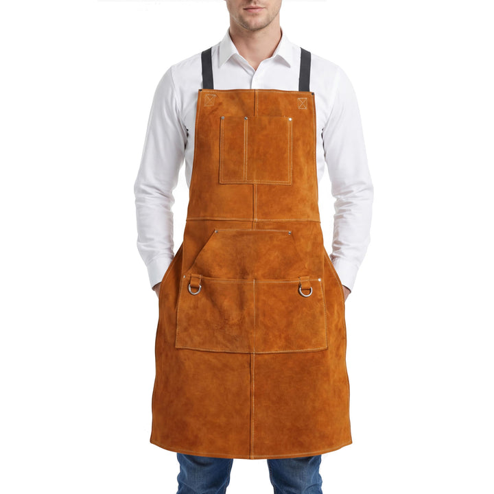 ONETIAN Schweissschürze aus Leder mit Futter und mehreren Taschen, hitze- und schwer entflammbar, ro
