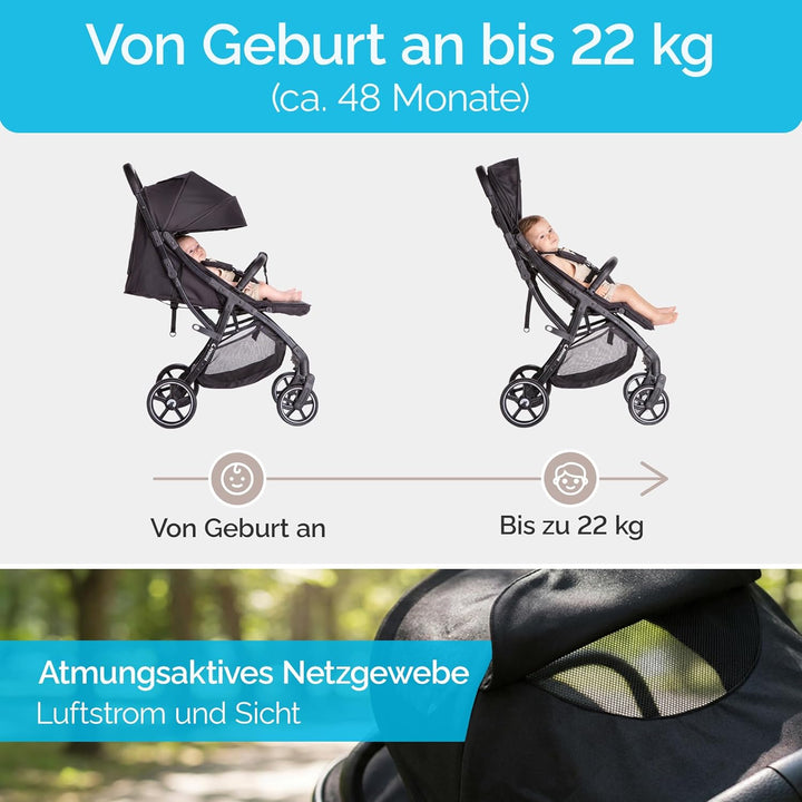 Fjällräv Buggy Kinderwagen bis 22 kg, Leicht, Einhand-Faltbar, 4-fach Verdeck mit Fenster, 360° Gel-