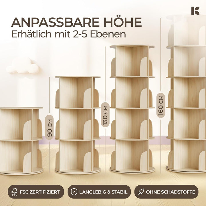 360° Drehbares Bücherregal Kinder - Buchenholz Bücherregal Drehbar Kinder mit 4 verstellbaren Ebenen