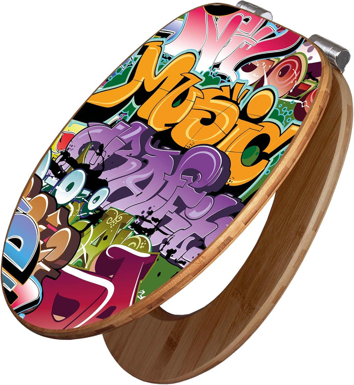 banjado® Design WC Sitz Bambus Absenkautomatik mit Motiv Graffiti/Toilettendeckel mit Absenkautomati