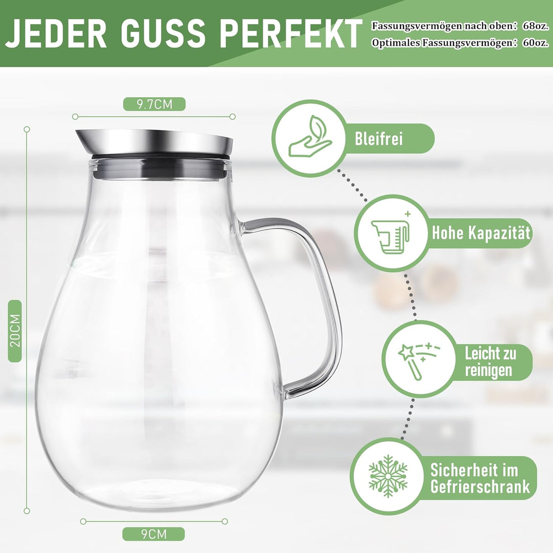 SUSTEAS 2 Liter 70 Unzen Glas Karaffe Krug mit Deckel und Auslauf, Wasserkaraffe, Eistee Krug, Saft