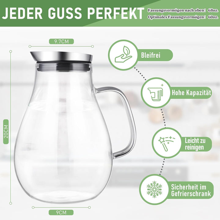 SUSTEAS 2 Liter 70 Unzen Glas Karaffe Krug mit Deckel und Auslauf, Wasserkaraffe, Eistee Krug, Saft