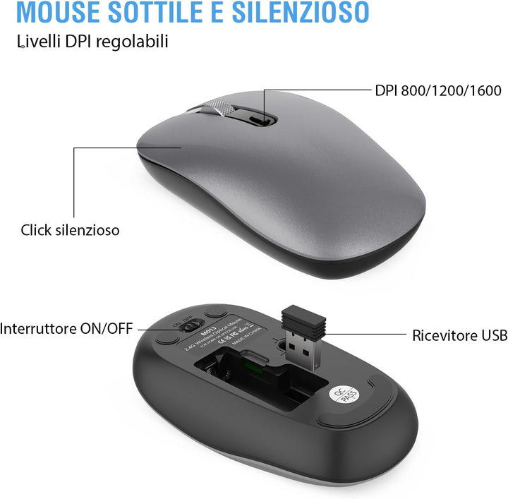 cimetech Kabellose Tastatur und Maus, italienisches QWERTY-Layout, Full-Size 2,4 GHz kabellose Maus