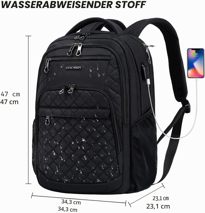 KROSER Laptop Rucksack 17,3'' Business Rucksack Schulrucksack Grosser Wasserdicht Taschen Reise Back