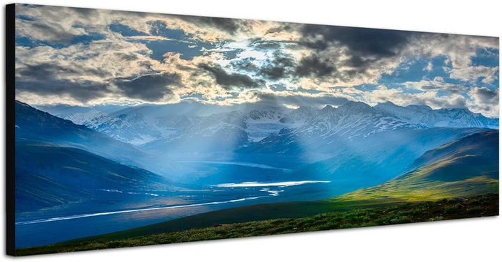 Paul Sinus Art Panoramabild auf Leinwand und Keilrahmen 120x40cm Himalaya Berge Fluss Wiesen Sonnena
