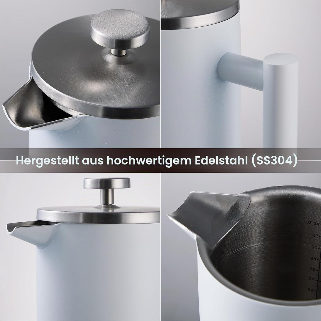 French Press Set I Kaffeebereiter, Thermo, Kaffeepresse, für Filterkaffee, 1 Liter - 5 Tassen, doppe