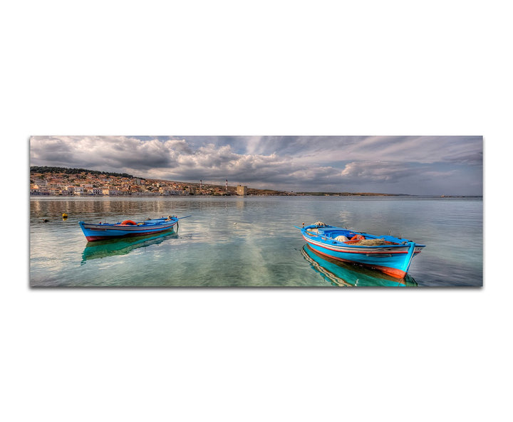 Paul Sinus Art Panoramabild auf Leinwand und Keilrahmen 150x50cm Meer Wasser Boote Städtchen Wolkenh