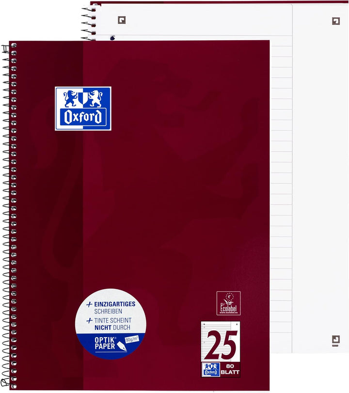 Oxford Collegeblock A4 liniert, weisser Rand rechts, 80 Blatt, bordeaux, 10 Stück 10 Stück Lineatur
