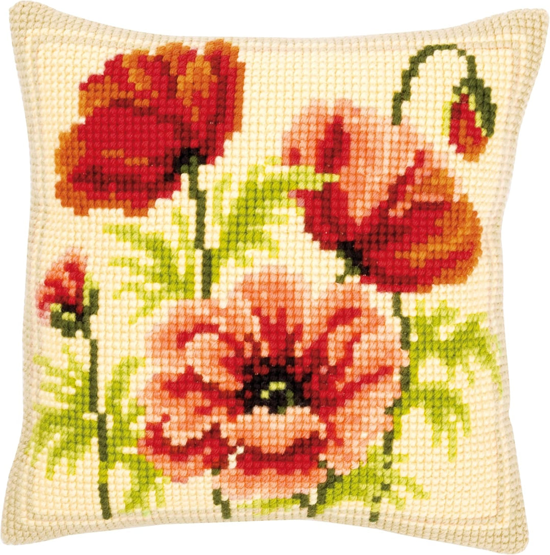 Vervaco Wilde Mohnblumen Kreuzstichkissen/Stickkissen vorgedruckt, Baumwolle, Mehrfarbig, 40 x 40 x