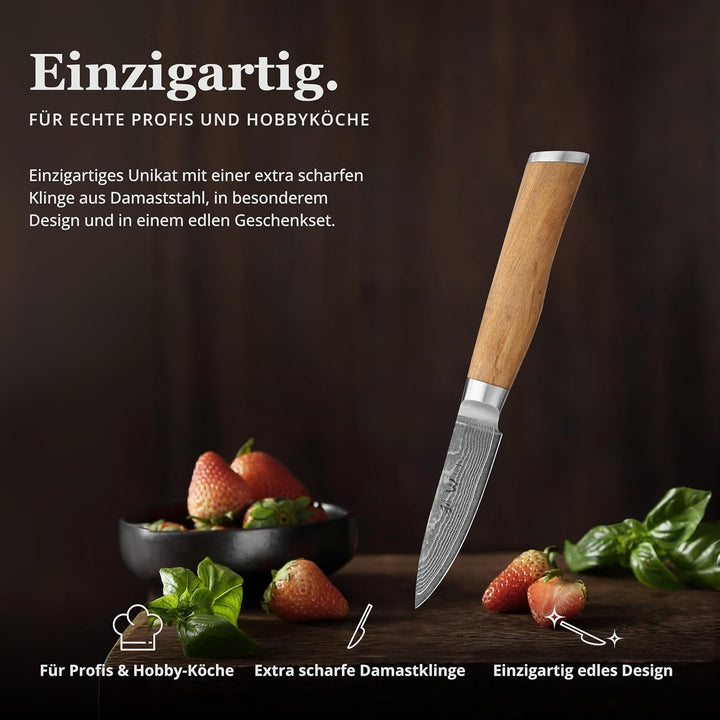 Wakoli Oliven Damastmesser - sehr hochwertiges Profi Messer mit Olivenholz Griff mit Damast Klinge,