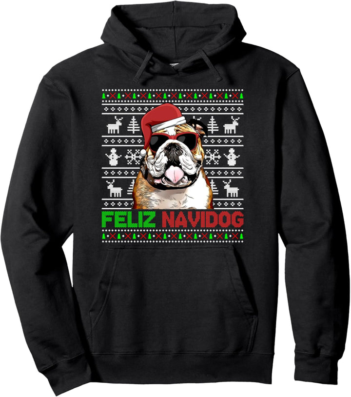 Bulldog Feliz Navidog Lustige Weihnachten Pullover Hoodie