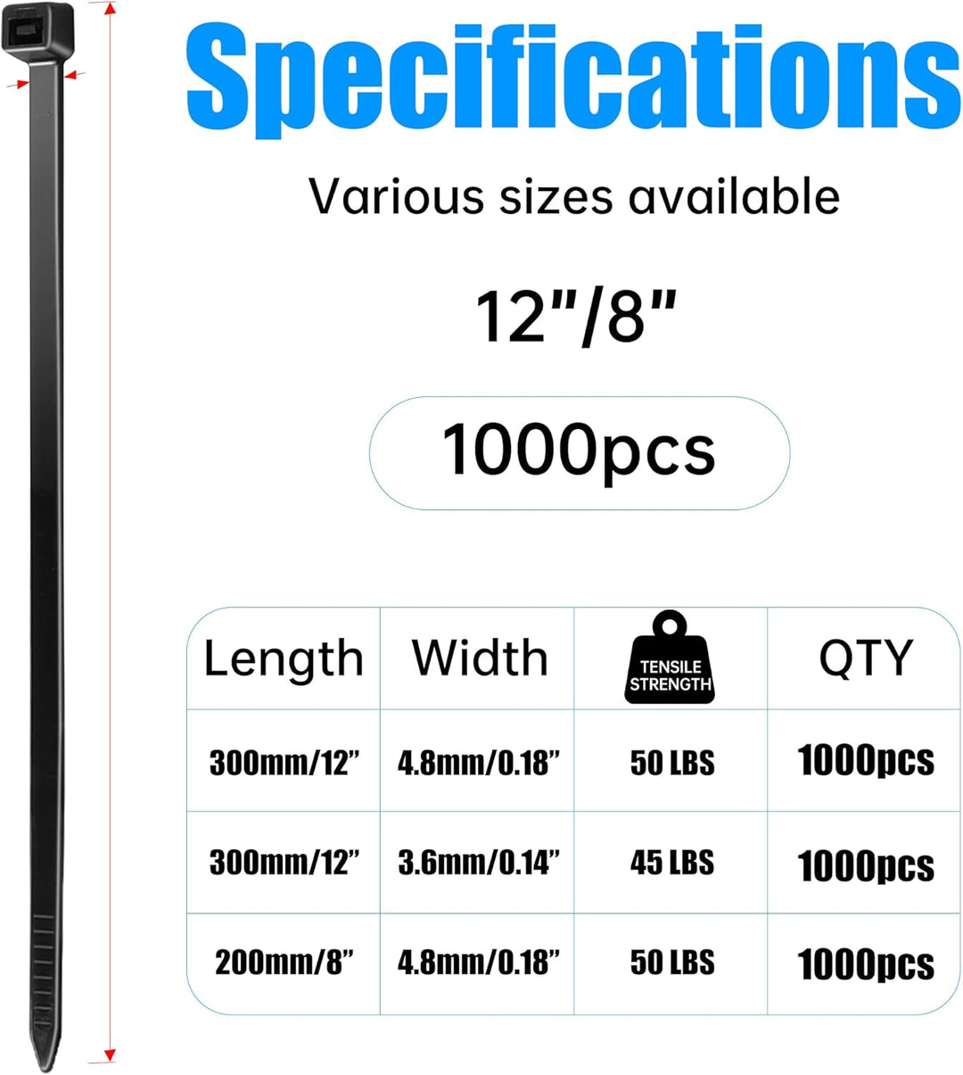 1000 Stück Klemmschellen, 200 x 4,8 mm, schwarz, 23 kg, professionelle Kabelbinder, langlebig, UV-be