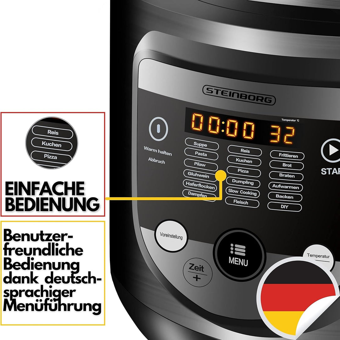 18in1 Multikocher Schongarer | 900 Watt | 5 Liter | Reiskocher | Dampfgarer | Speisewärmer | Sautier