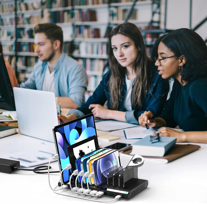 Alxum 120W 10 Port USB C Ladestation für Multi-Geräte, USB Multi Mobile Ladestation Schnellladestati