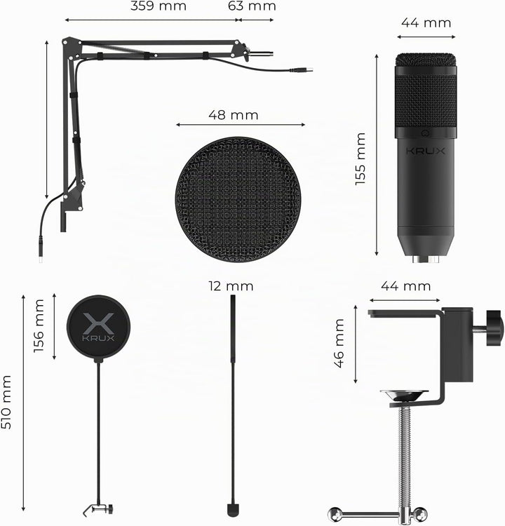 KRUX Edis 1000, Computermikrofon mit verstellbarem Arm, 2.9 m USB-Kabel, Poppfilter, Stossschutzkorb