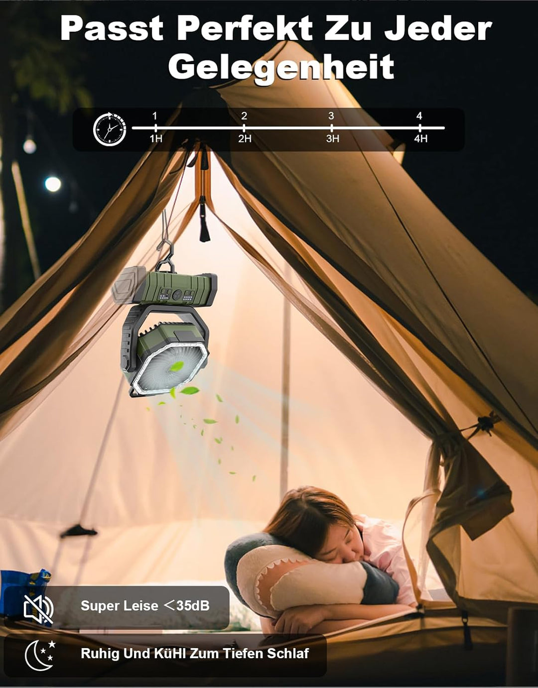 Richday Ventilator mit LED-Laterne 4 Geschwindigkeiten Camping Ventilator Leise Ventilator 20000mAh