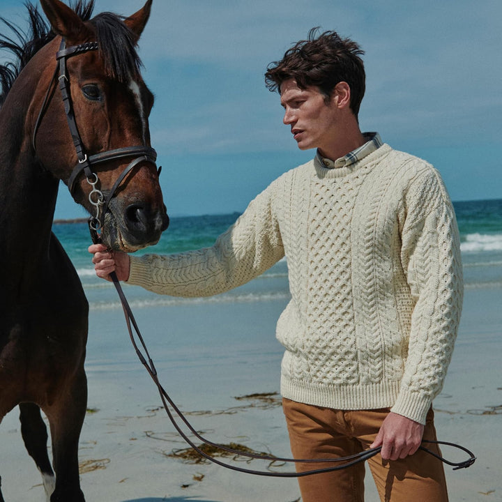 Aran-Pullover, 100% reine Wolle, Oatmeal L Wollweiss, L Wollweiss