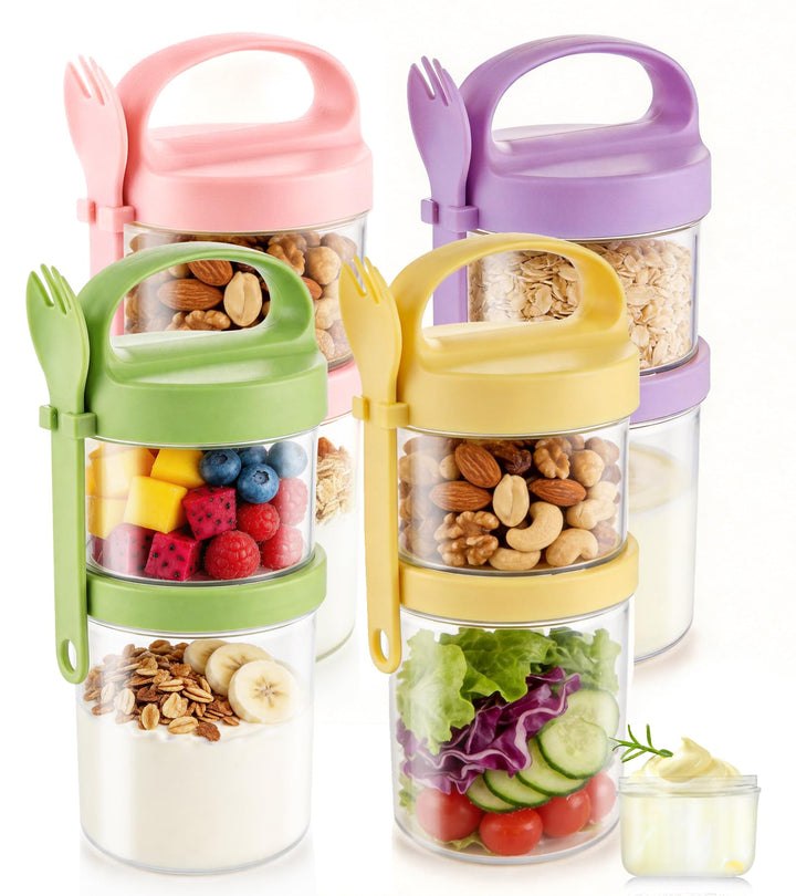 Ugotit Müslibecher to Go mit Löffel, 360ml+560ml Joghurtbecher to Go, 4er Grün,rosa,gelb&amp;lila, Grün,