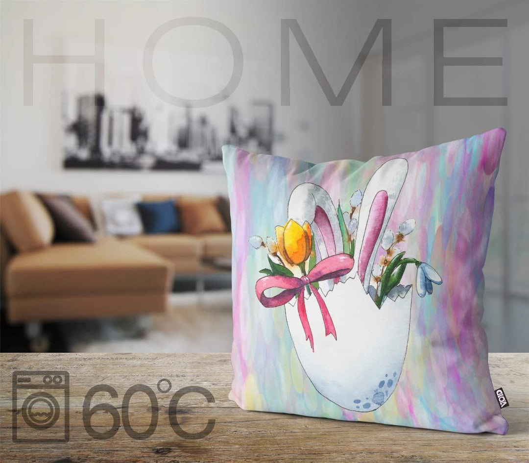 VOID Osterüberraschung Hase Blumen 50x50 Kissenhülle Polyester Zierkissen Couchkissen Ostern Osterde