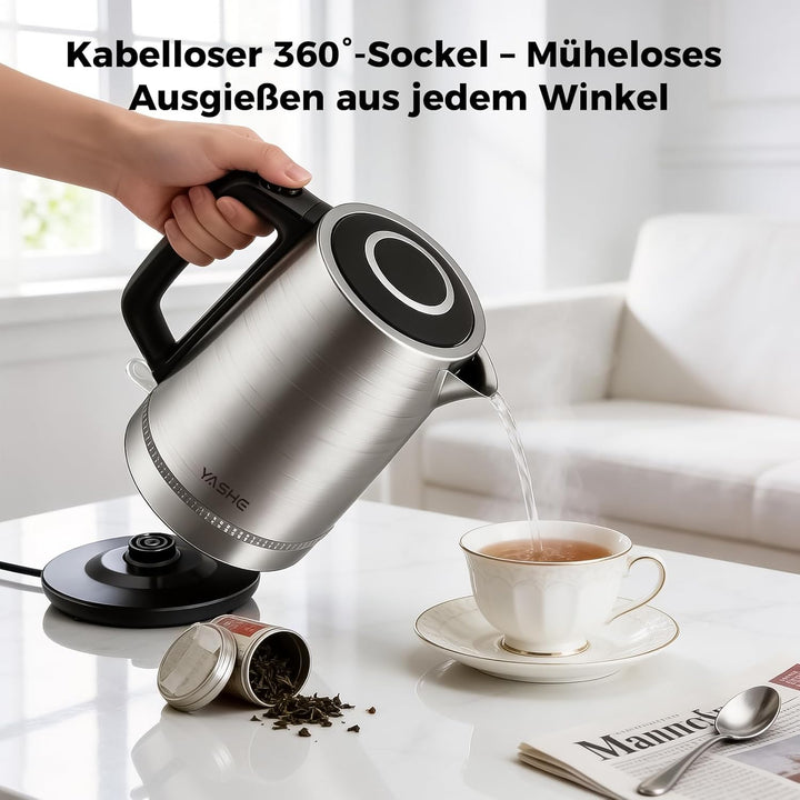 YASHE Wasserkocher Edelstahl 1,7L, 2200W Schneller Elektrischer Wasserkocher mit Kalkfilter, Wasserk