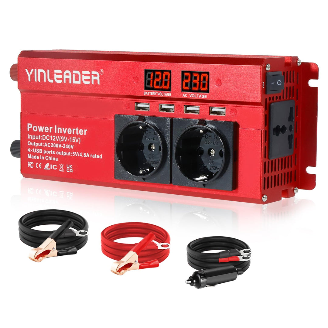 Spannungswandler 12V 230V 1000W/2000W Wechselrichter mit 2 Steckdose und 4 USB LED Spannungsanzeige