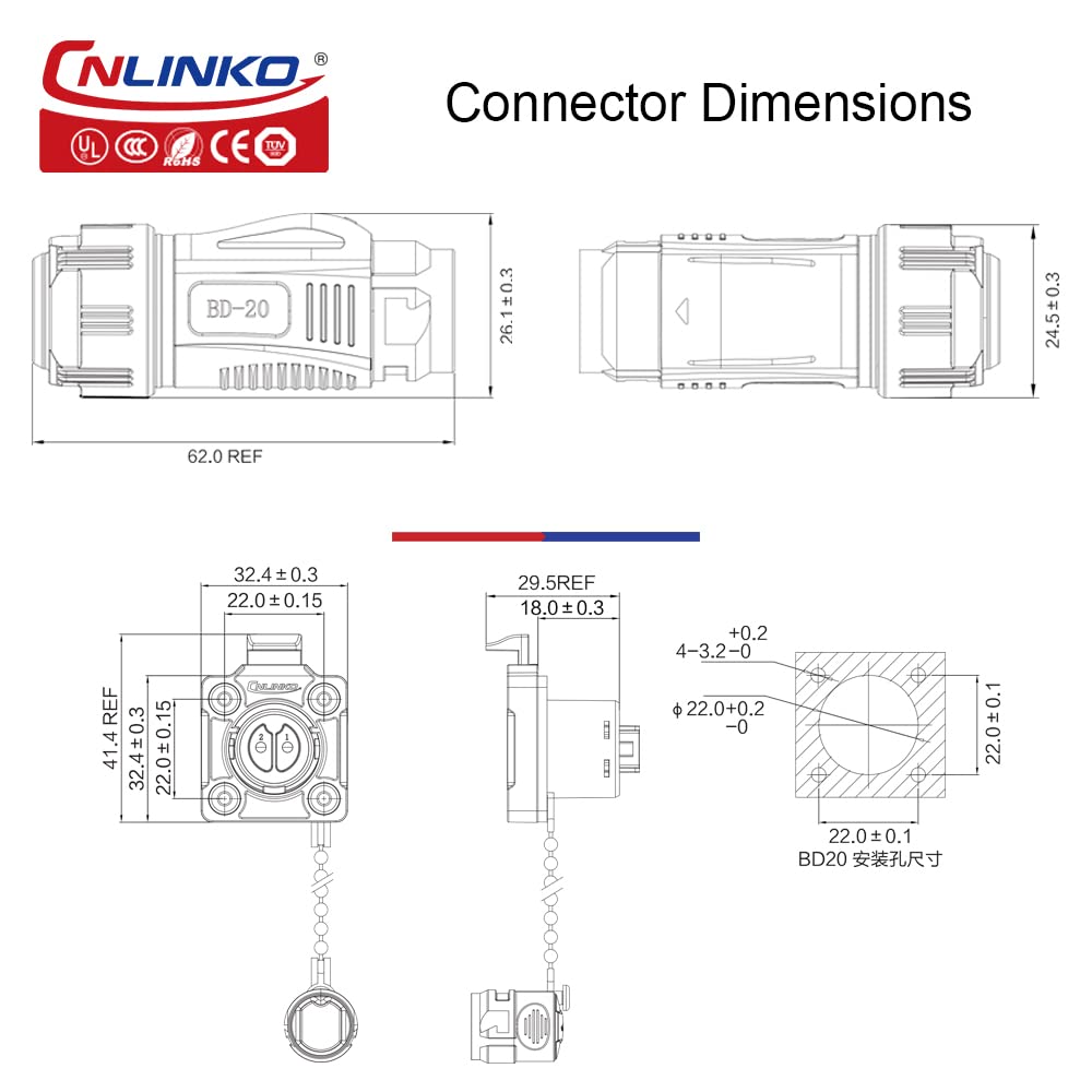 CNLINKO BD-20 Industrieller Wasserdichter Steckverbinder IP67 Rundsteckverbinder Eingebaute Buchse L