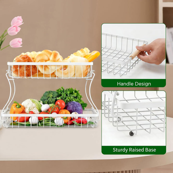 VINATO Obstkorb, Obst Etagere 2 Stöckig mit Holzgriffen für Küche, Bad & Mehr – Obstständer, Gemüse