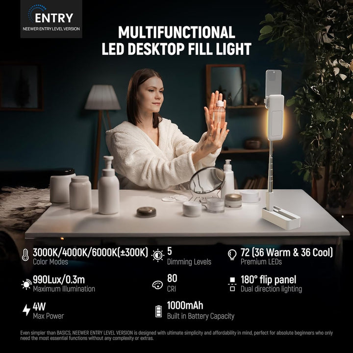 NEEWER Entry Level Version Tisch Ständer, 4W Overhead Smartphones Mount, klappbar, mit LED Licht/Fer