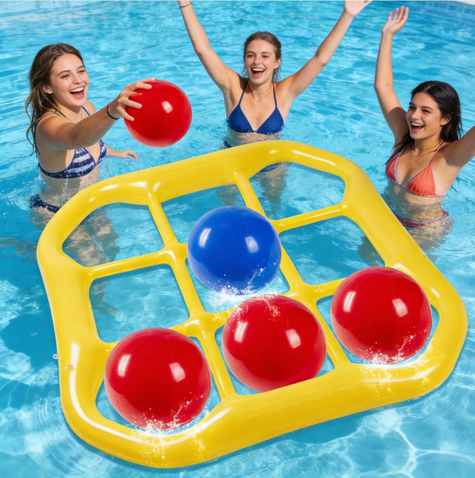 Aufblasbares Wasserspielzeug, Tic Tac Toe Pool Spielzeug mit 10 Aufblasbarer Ball, 9-Kästchen-Gitter