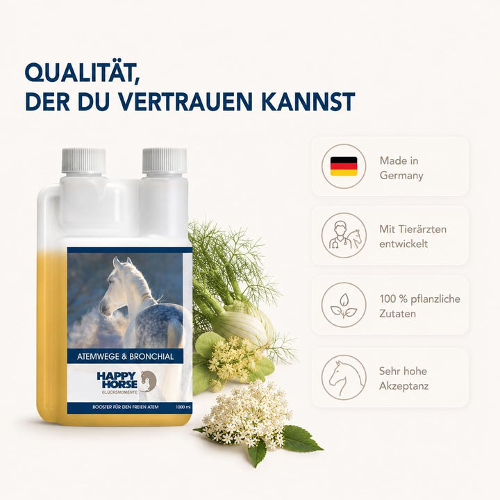 Happy Horse Atemwege- &amp; Bronchialsaft für Pferde 100% pflanzliche Inhaltsstoffe, lindert Hustenreiz,