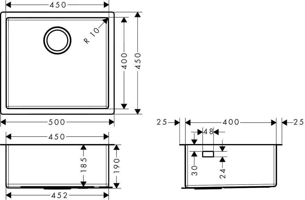 hansgrohe Küchenspüle, Unterbau 450 mm für 600 mm Unterschrank, edelstahl 60cm Unterschrank Unterbau