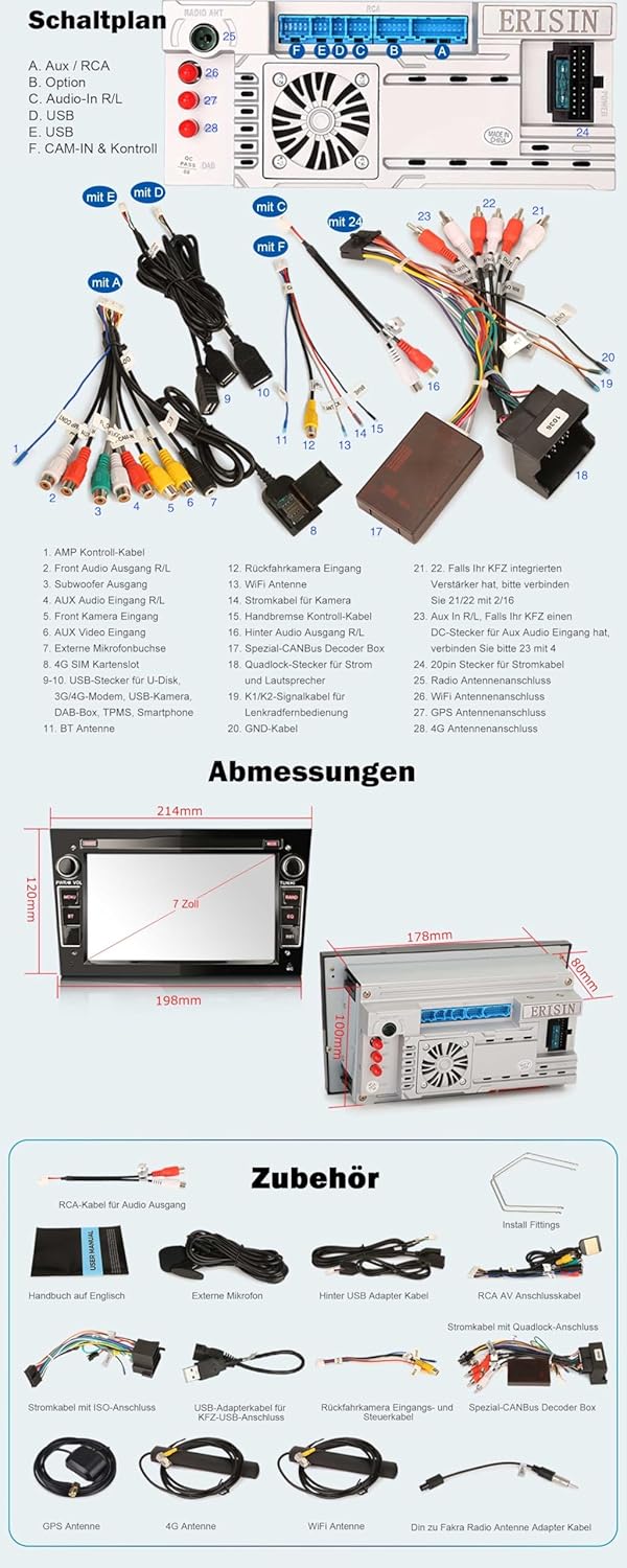 Erisin Android 14 Autoradio Bluetooth GPS Navi für Opel Antara Astra Corsa C/D Vectra Meriva Signum