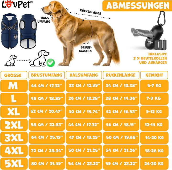 LOVPET® Hundejacke Hundemantel mit Geschirr, inkl. 45 Stück Kotbeutel + Spender, Hunde Winterweste g