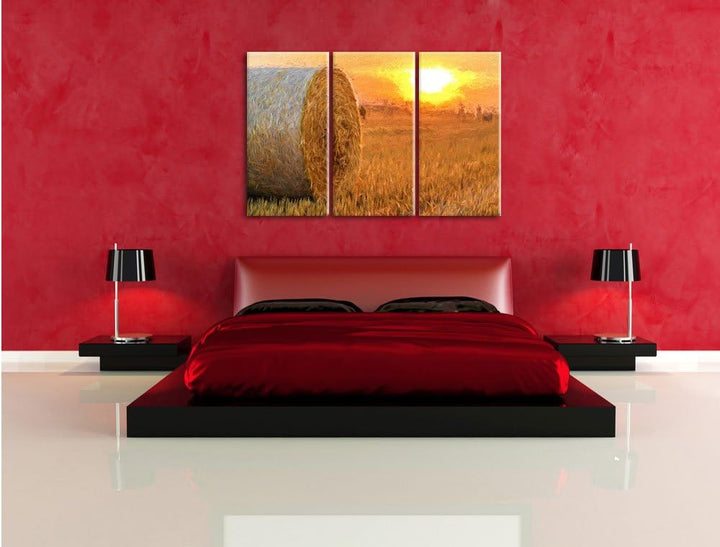 Pixxprint Strohballen auf Feld als Leinwandbild/Grösse: 3 Teilig (120x80 cm) cm/Wandbild/Kunstdruck/