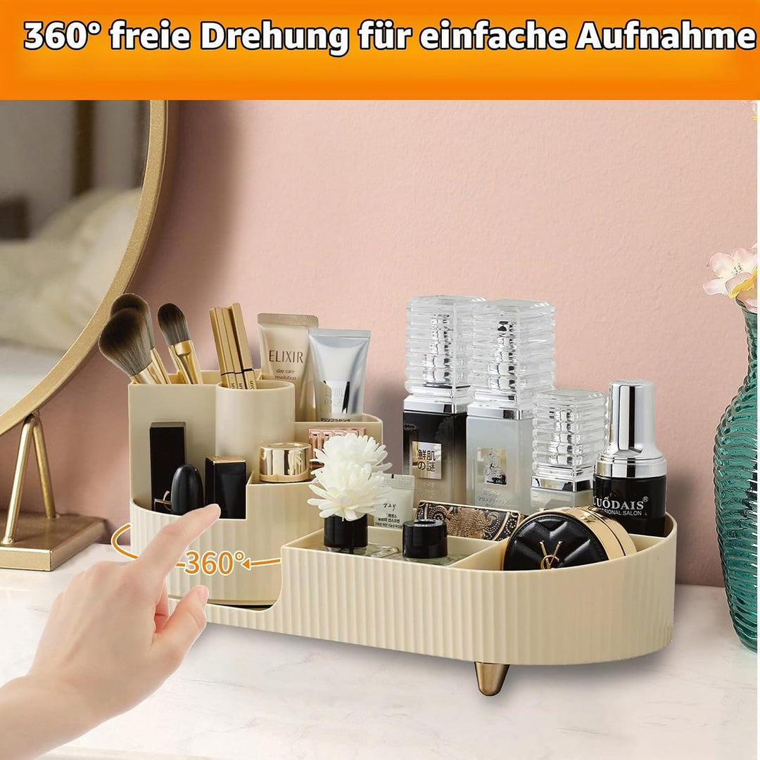 360°Drehbarer Cremefarbe Kosmetik Organizer mit Fach 2 in 1,Hohe Kapazität Skincare Organizer, Aufbe