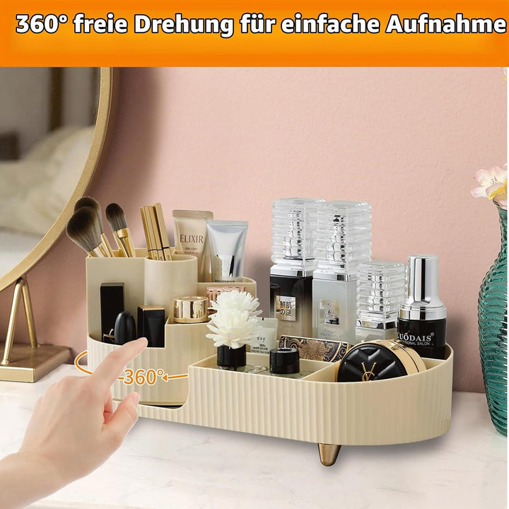 360°Drehbarer Cremefarbe Kosmetik Organizer mit Fach 2 in 1,Hohe Kapazität Skincare Organizer, Aufbe