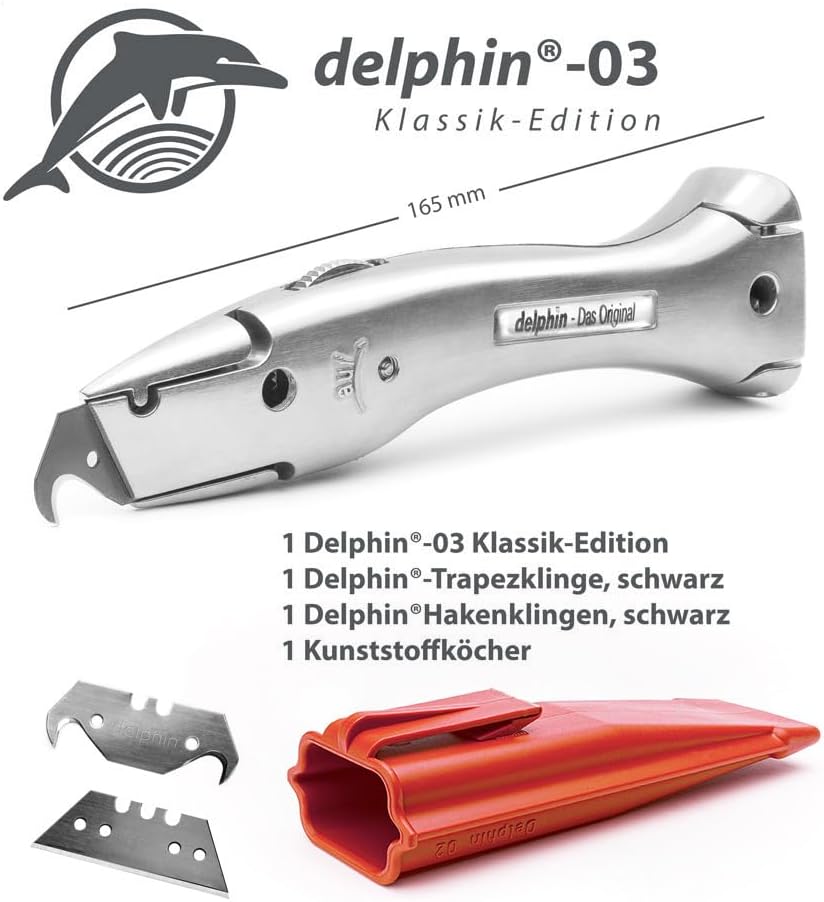 Delphin®-03 Teppichmesser | 1 Hakenklinge | 1 Trapezklinge | Kunststoffköcher