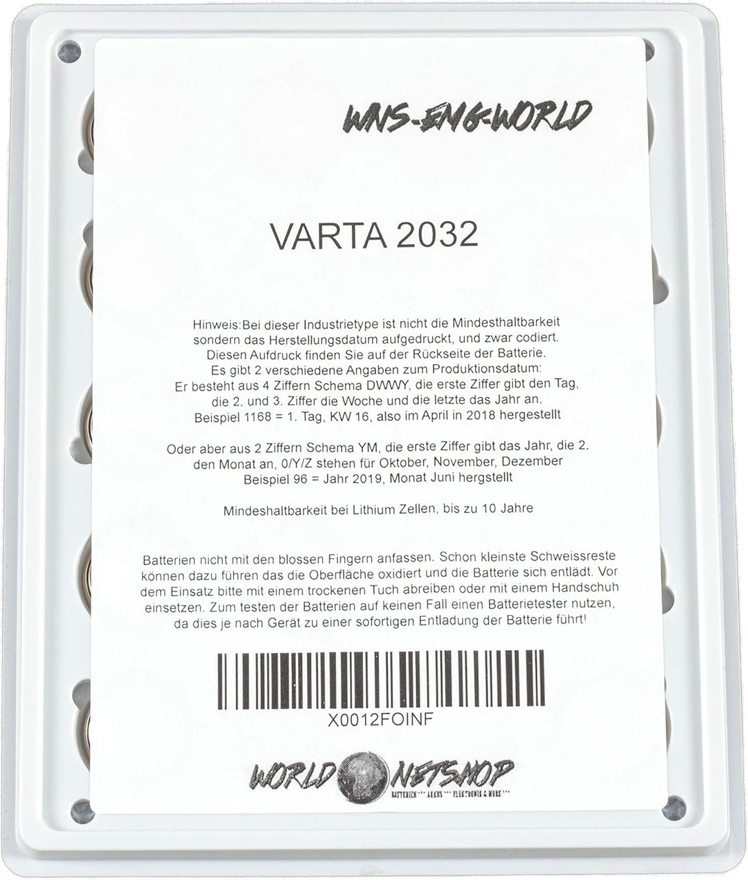 wns-emg-world Big Box Pack VARTA CR2032 Lithium Hochleistungs Knopfzelle 3 Volt, 20 Stück, 20 Stück