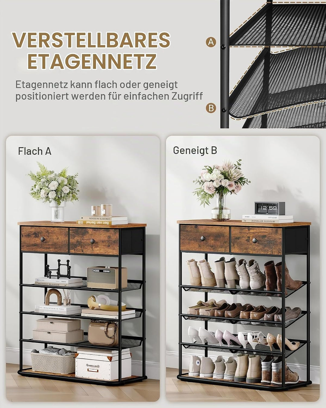 Hzuaneri Schuhregal, 5 Ebenen, 2 Stoffschubladen, 3 Gittern, Verstellbaren | Schuhständer für Eingan
