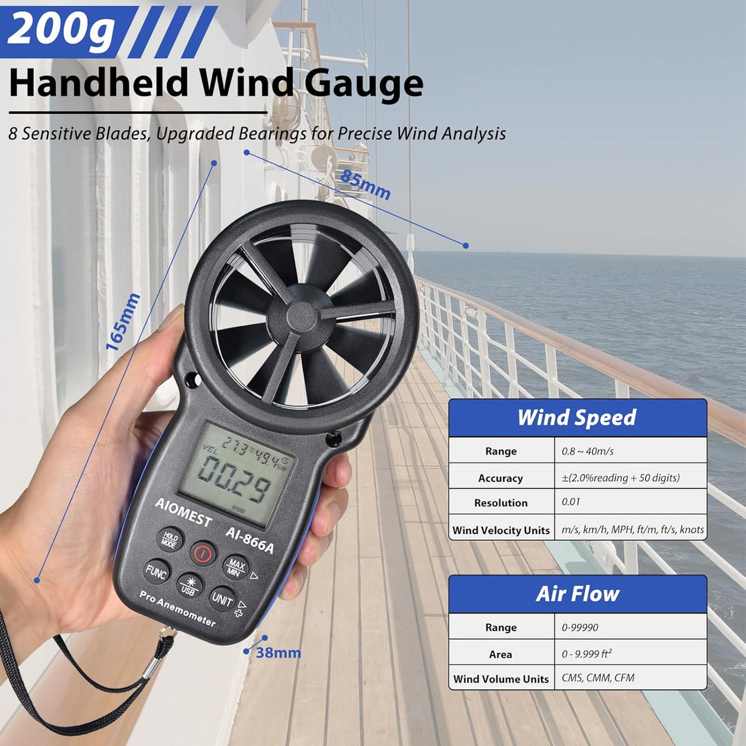 AIOMEST Windmesser, Digital Anemometer Windmesser Windmessgerät Handheld, AI-866A Windmesser CFM Win