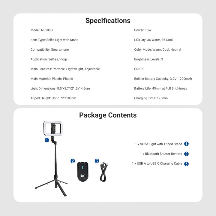 NEEWER Basics 10W Selfie Licht mit Stativ, 1200mAh LED Quadrat Ringlicht, 72" Selfie Stick Handyhalt