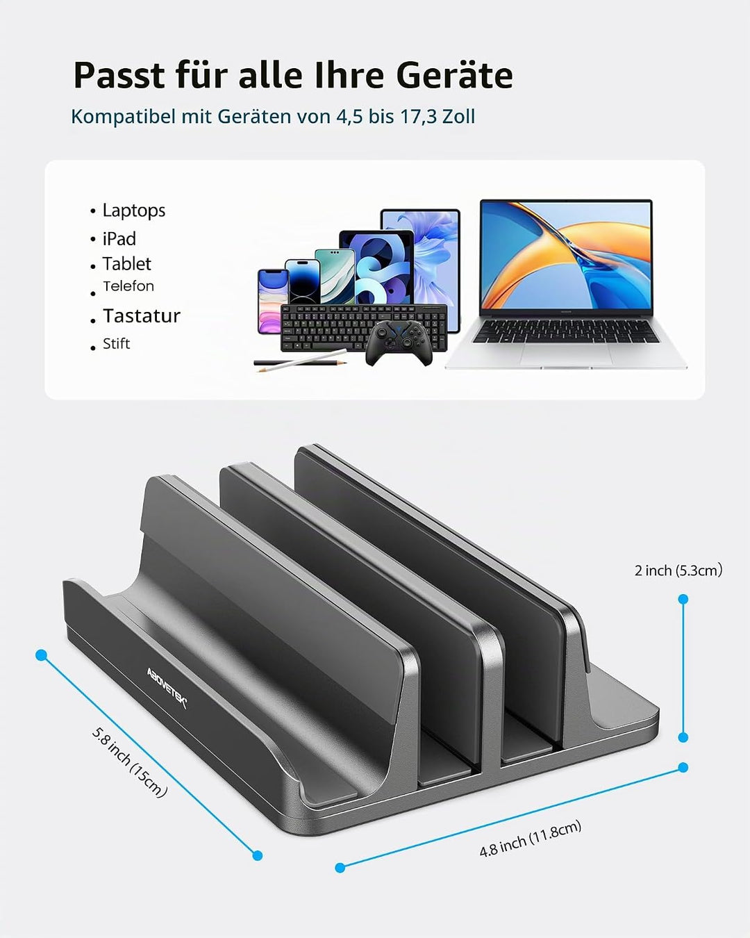 AboveTEK Vertikaler Laptopständer, Laptophalter für Laptop bis zu 17,3 ", Aluminium 4 in 1 Laptop St