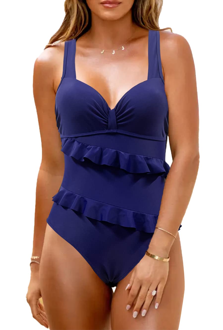 JFAN Badeanzug Damen mit Doppelter Rüsche Push Up Badeanzug Damen Bauchweg mit Bügel L Blau, L Blau