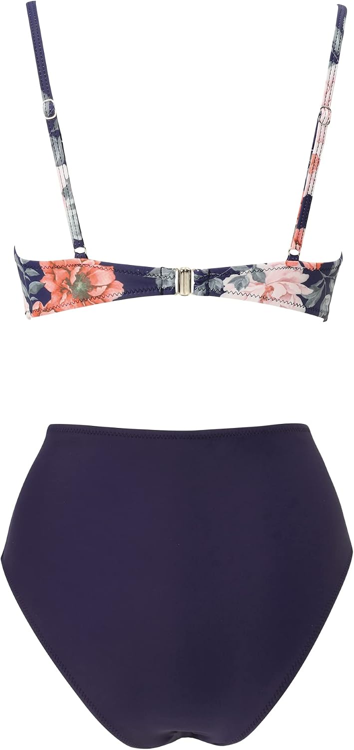 RXRXCOCO Damen Wickel Push Up bikini Oberteil Bauchweg High Waist Bikini Set Bademode M Blaue Blume,