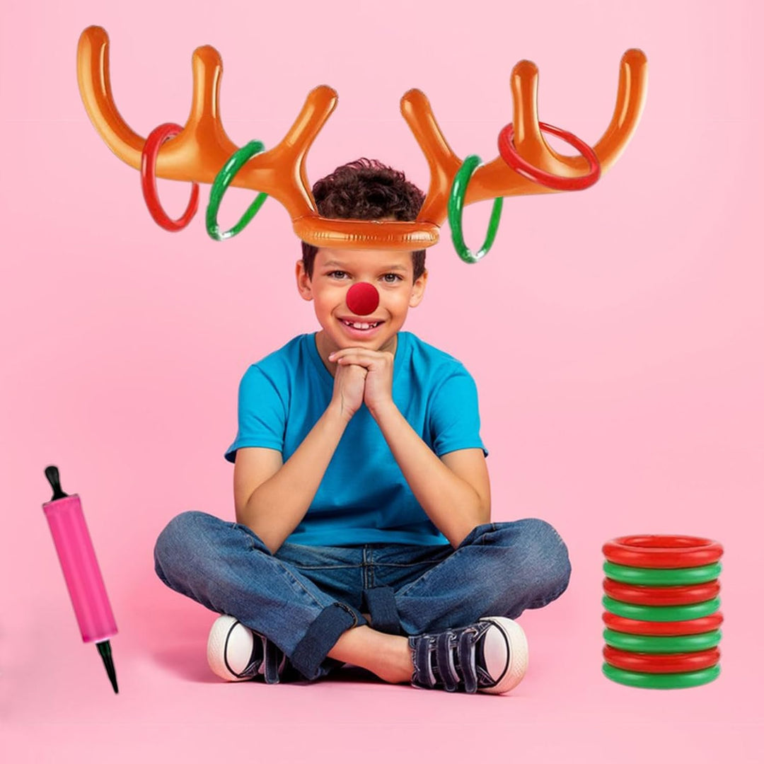 2 Set Aufblasbares Rentier, Rentiergeweih Aufblasbar, Kinder Ringwurfspiel, (2 Geweihe 8 Ringe 2 Clo