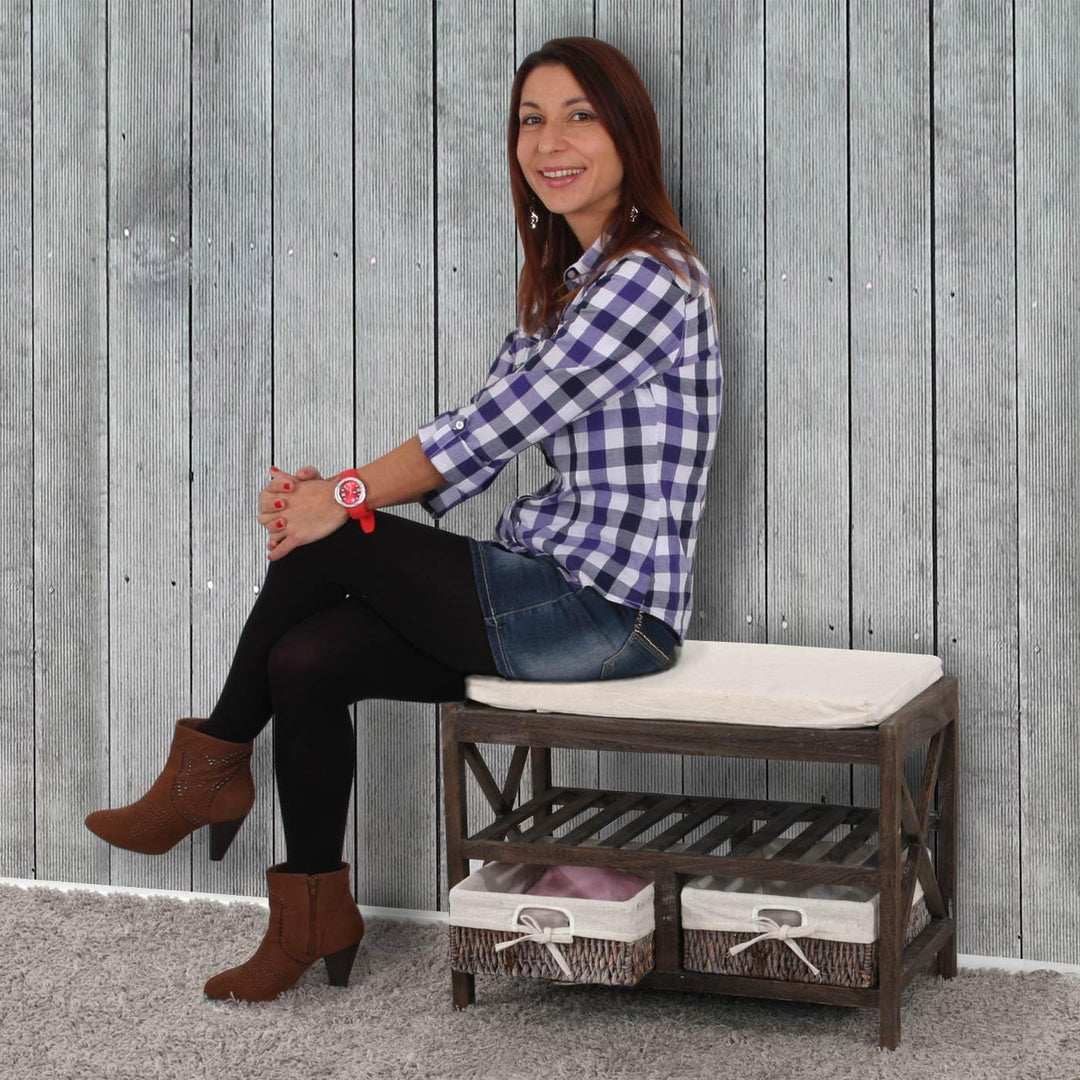 Mendler Schuhregal HWC-C48, Sitzbank Schuhablage, Shabby-Look Vintage 45x65x34cm - grau, Grau