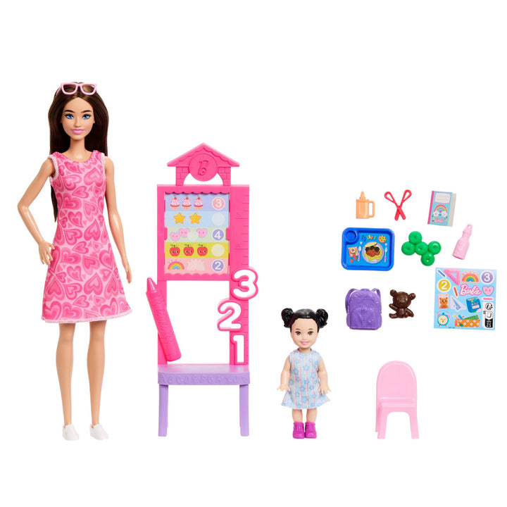 Barbie Karriere Lehrerin-Spielset mit Modepuppe im abnehmbaren Kleid, Kleinkind-Puppe, Tafel und Zub