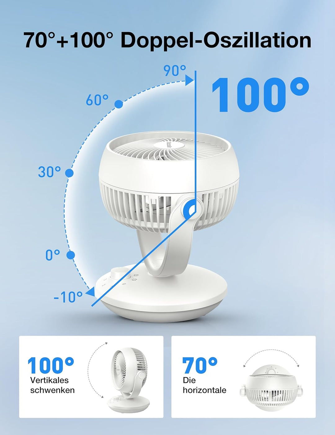 Acoolir Ventilator Leise, 24dB Ultra Powerful Tischventilator, 100° & 70° Oszillation, 3 Geschwindig