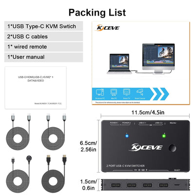 USB-C KVM Switch für 2 Typ-C Computer, KVM Typ-C Umschalter Unterstützt 4K @ 60Hz, die Tastatur, Mau