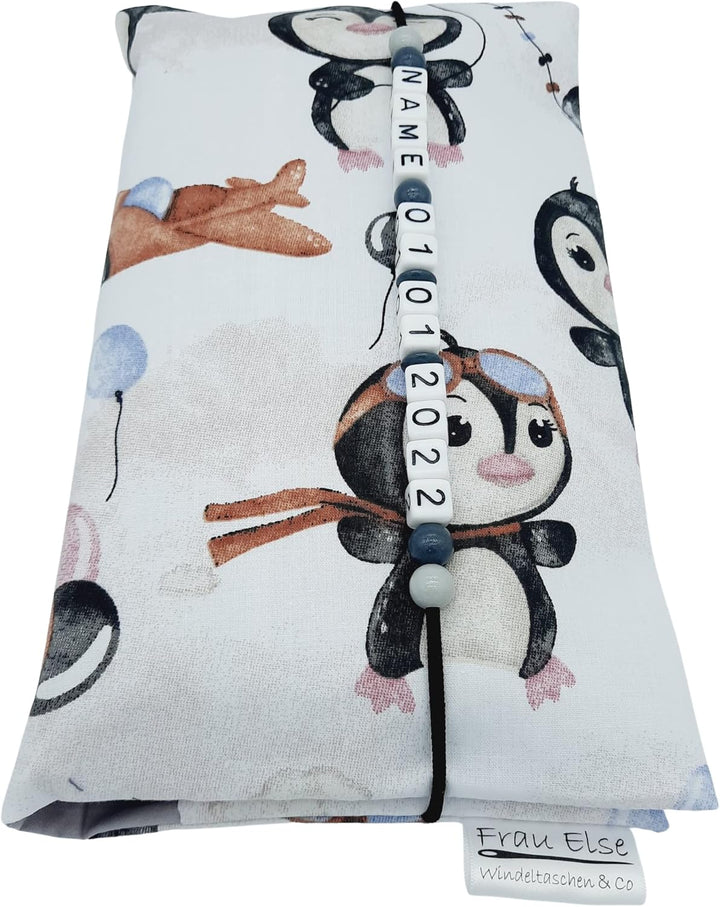 Grosse Windeltasche XXL mit Name Wickeltasche Tiere Pinguine mit Luftballon und Flugzeug